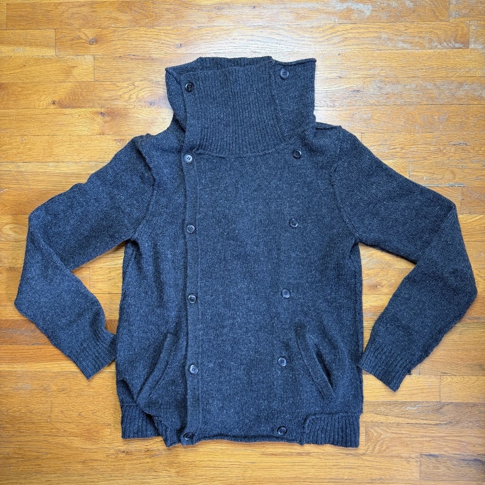 All Saints Men Barrier Cardigan Sweater L 100% Lambs Wool Charcoal Gray Chunky